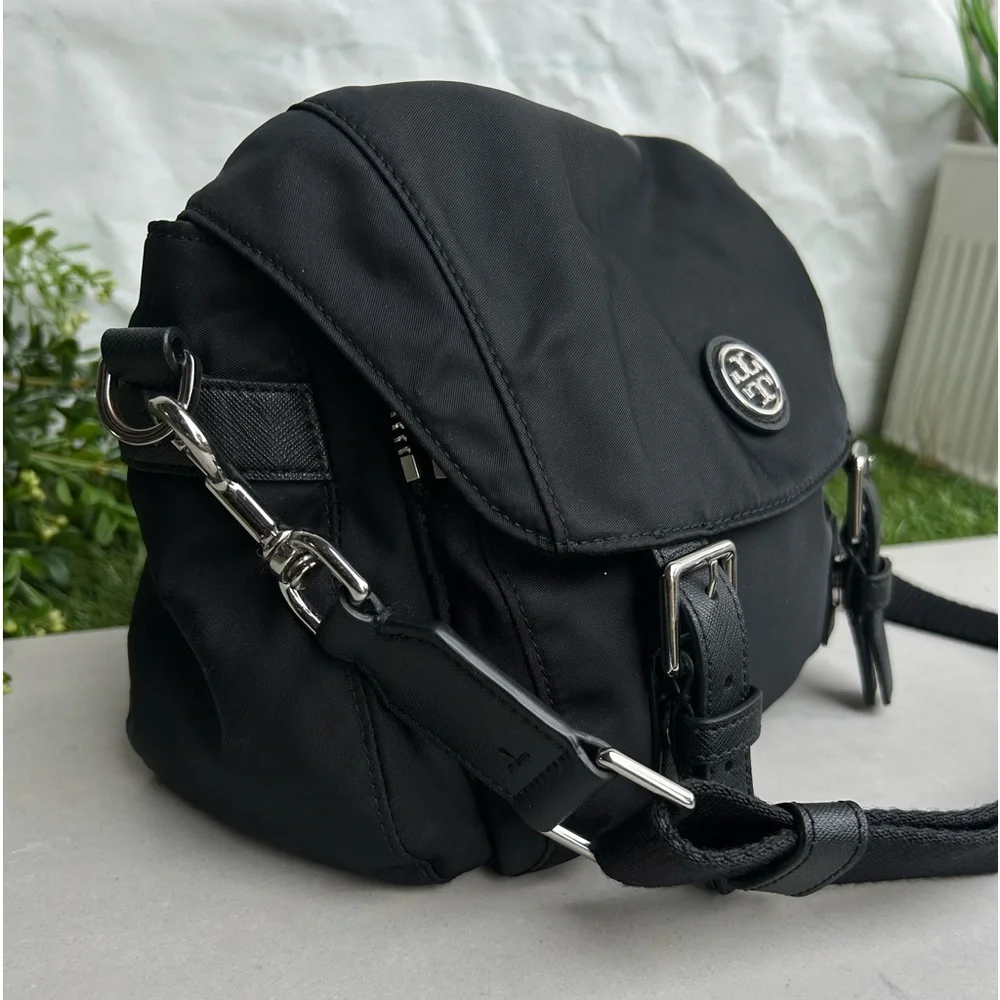 Tory Burch Black Nylon Crossbody Bag with Silver Hardware